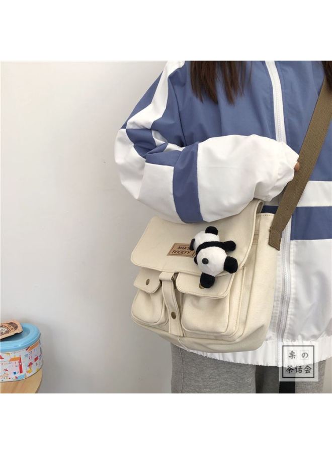 Backpack Female South Korea Ins Student Large Capacity Shoulder Messenger Bag Men's Japanese Harajuku Retro Tooling Messenger Bag Fashion-Color:Beige High Quality Canvas, Bag + Dull Dragon - Image 5